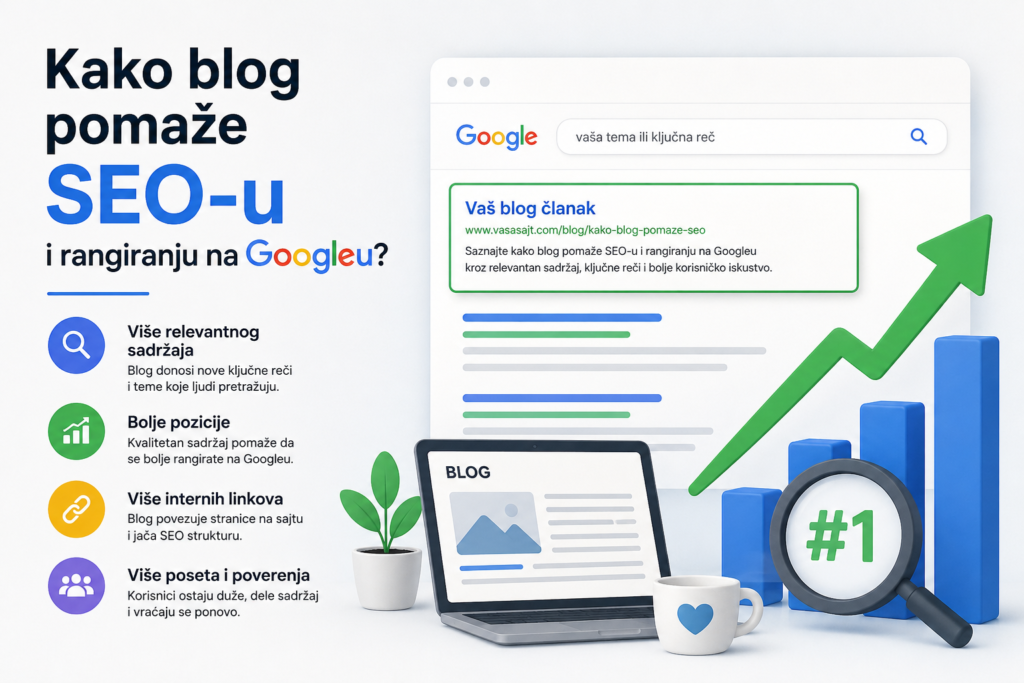 Infografika koja prikazuje kako blog pomaže SEO-u i rangiranju na Googleu kroz relevantni sadržaj, bolje pozicije, interne linkove i više posjetitelja – Widget digitalna agencija Rijeka