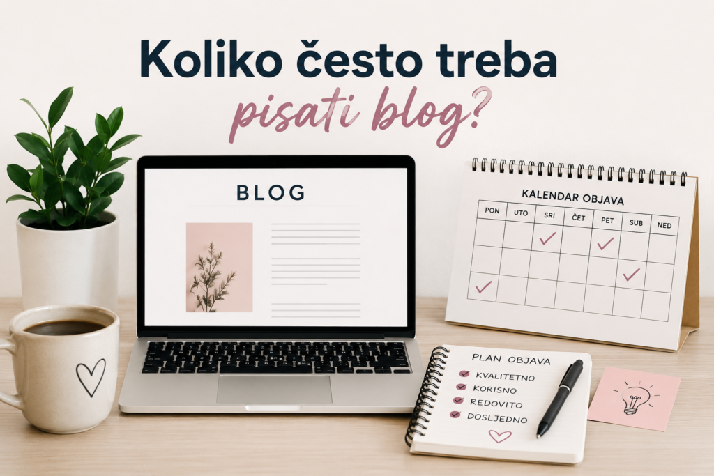 Laptop s blog stranicom, kalendar objava i plan sadržaja s pravilima kvalitetno, korisno, redovito, dosljedno – Widget digitalna agencija savjeti za pisanje bloga