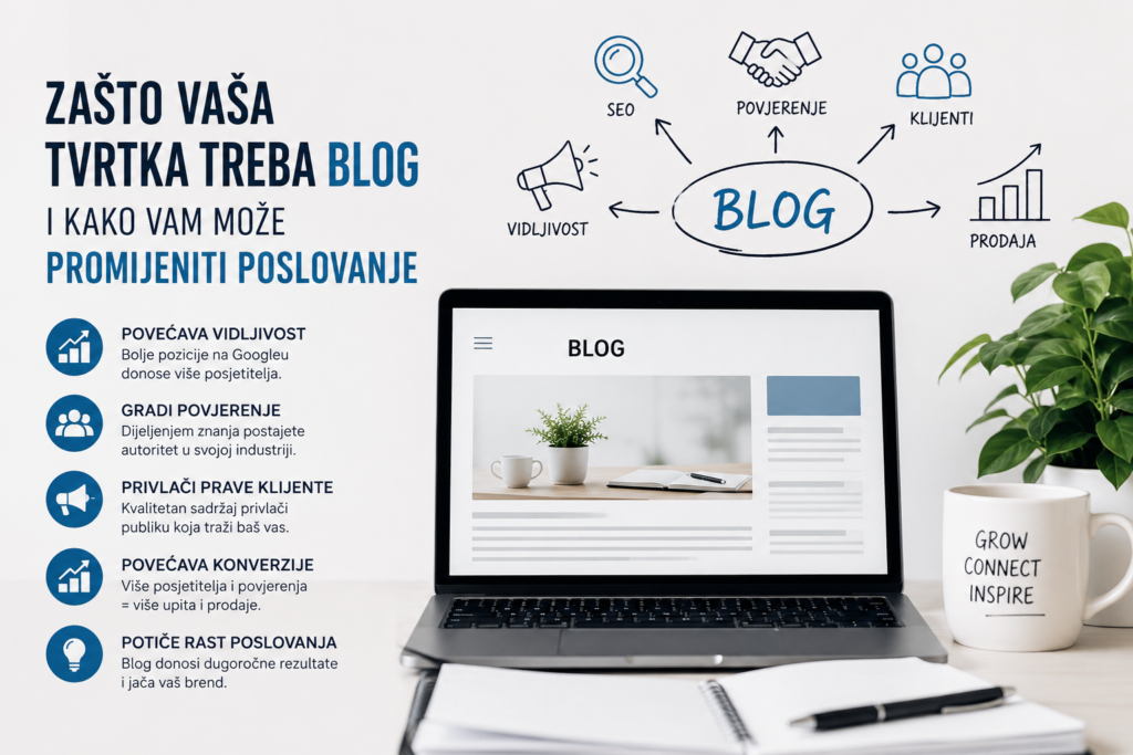 Infografika zašto tvrtka treba blog – blog povećava vidljivost na Googleu, gradi povjerenje, privlači prave klijente, povećava konverzije i potiče rast poslovanja – Widget digitalna agencija Rijeka